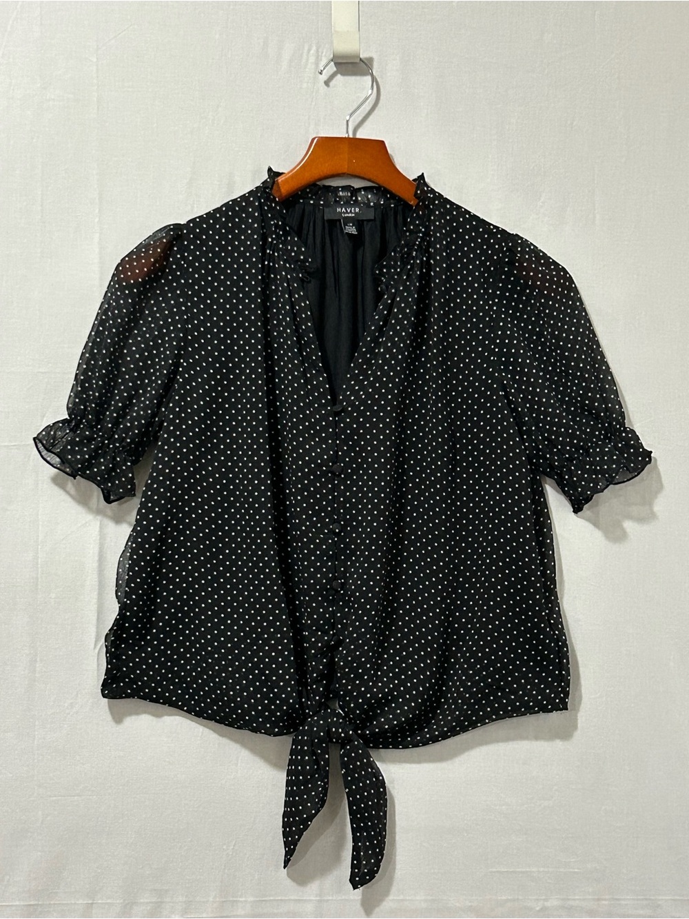 Haver - Black and White Polka Dot Ruffled Neck Blouse with Bottom Tie
